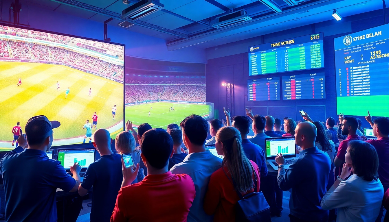 Captivating sports fans analyzing kèo nhà cái odds in a vibrant environment.