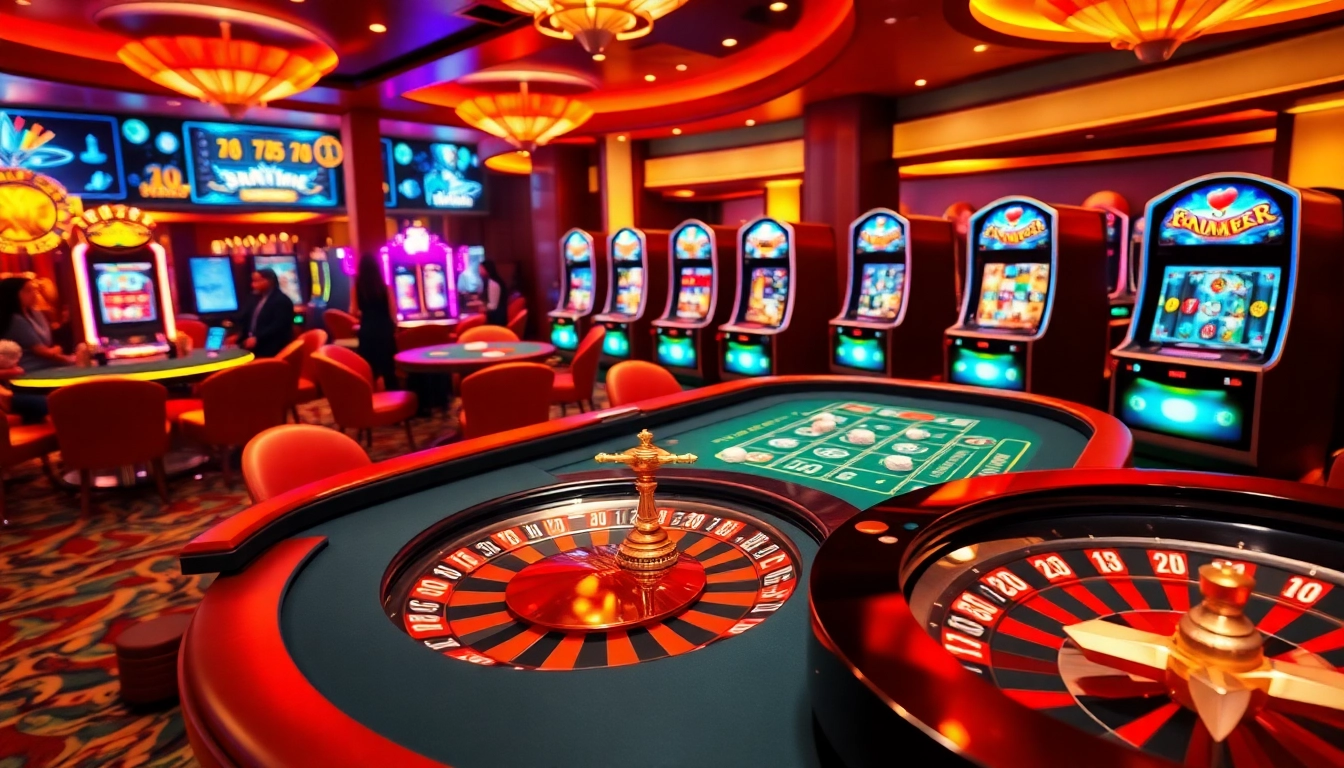 Experience the excitement of 688v in a vibrant casino scene with players at roulette and slot machines.
