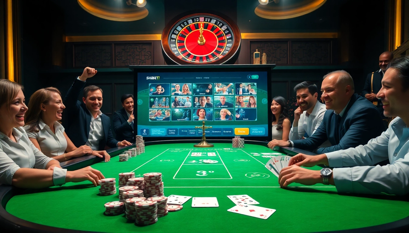 Experience the thrill of SHBET COM with an elegant casino scene featuring poker chips, cards, and a roulette wheel.