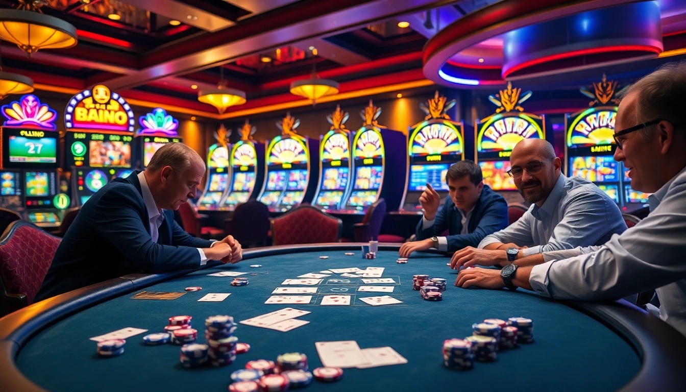 Experience the thrill of cổng game đổi thưởng hitclub with players at a bustling poker table.