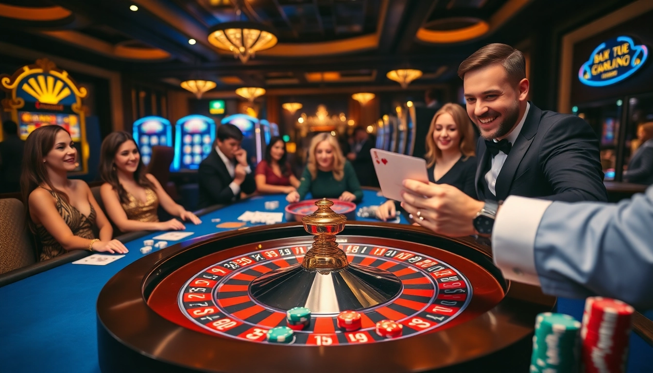 Players celebrate a big win at the luxury vin79 casino with vibrant roulette and slot machine displays.