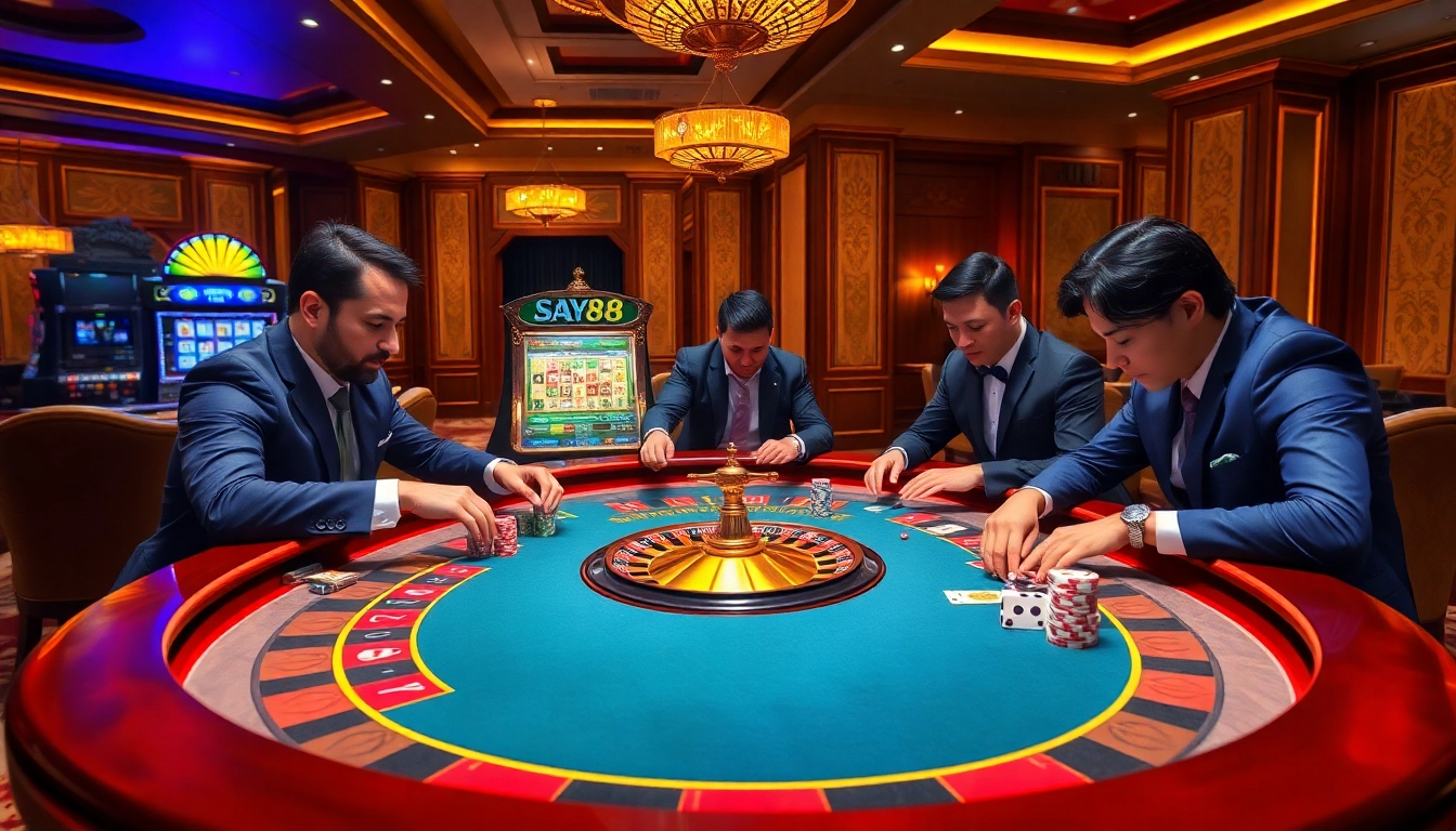 Engaging players at the SAY88 casino roulette table, featuring colorful chips and a luxurious atmosphere.