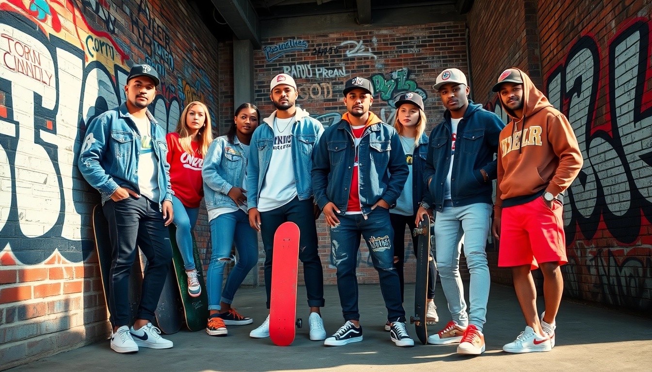 Dynamic urban lifestyle with stylish individuals showcasing top streetwear clothing brands