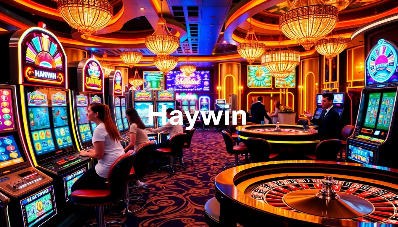 Haywin players engaging with vibrant slot machines and roulette tables in an exciting casino setting.