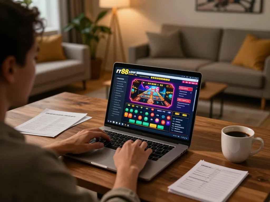 Engaging with rr88.com online casino platform in a warm home setting, focusing on strategic gameplay.