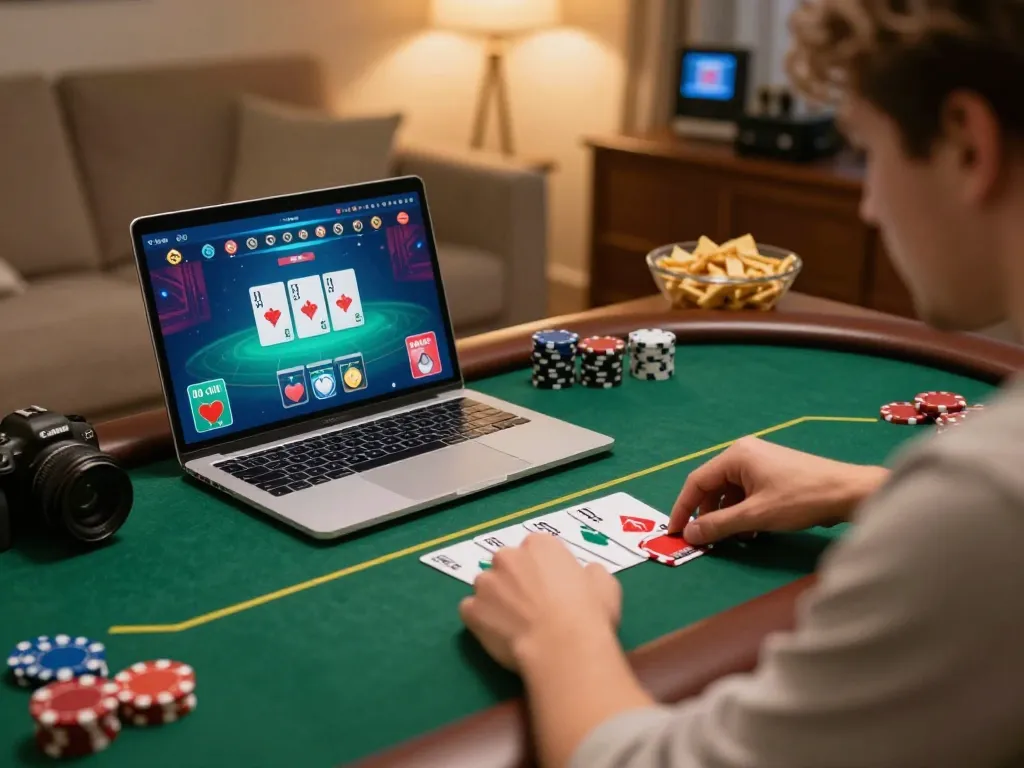 Engaging in FC88 online poker game with interactive interface in cozy home setting.