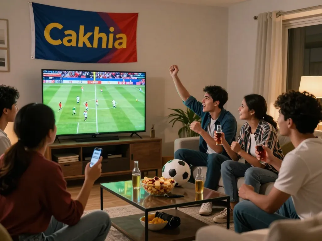 Cakhia football streaming experience with friends enjoying a live match in a cozy atmosphere.