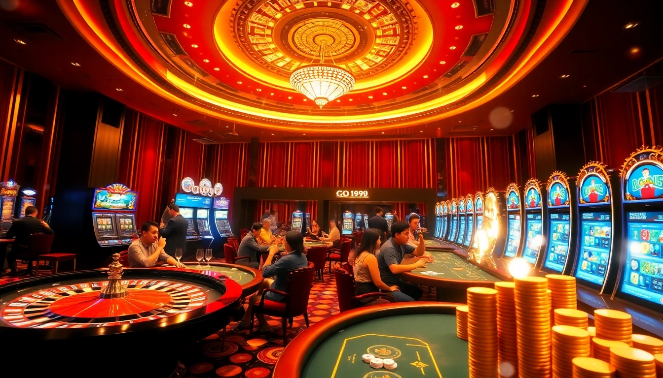 Exciting gaming experience at trang chủ go99 with roulette wheels, poker chips, and lively players.