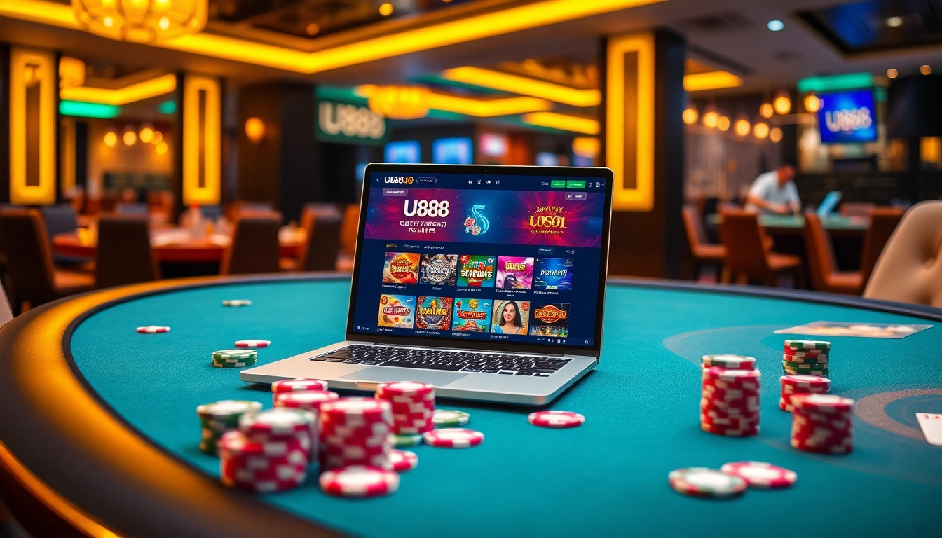Engaging U888 online casino interface with vibrant poker chips and lively gaming atmosphere.