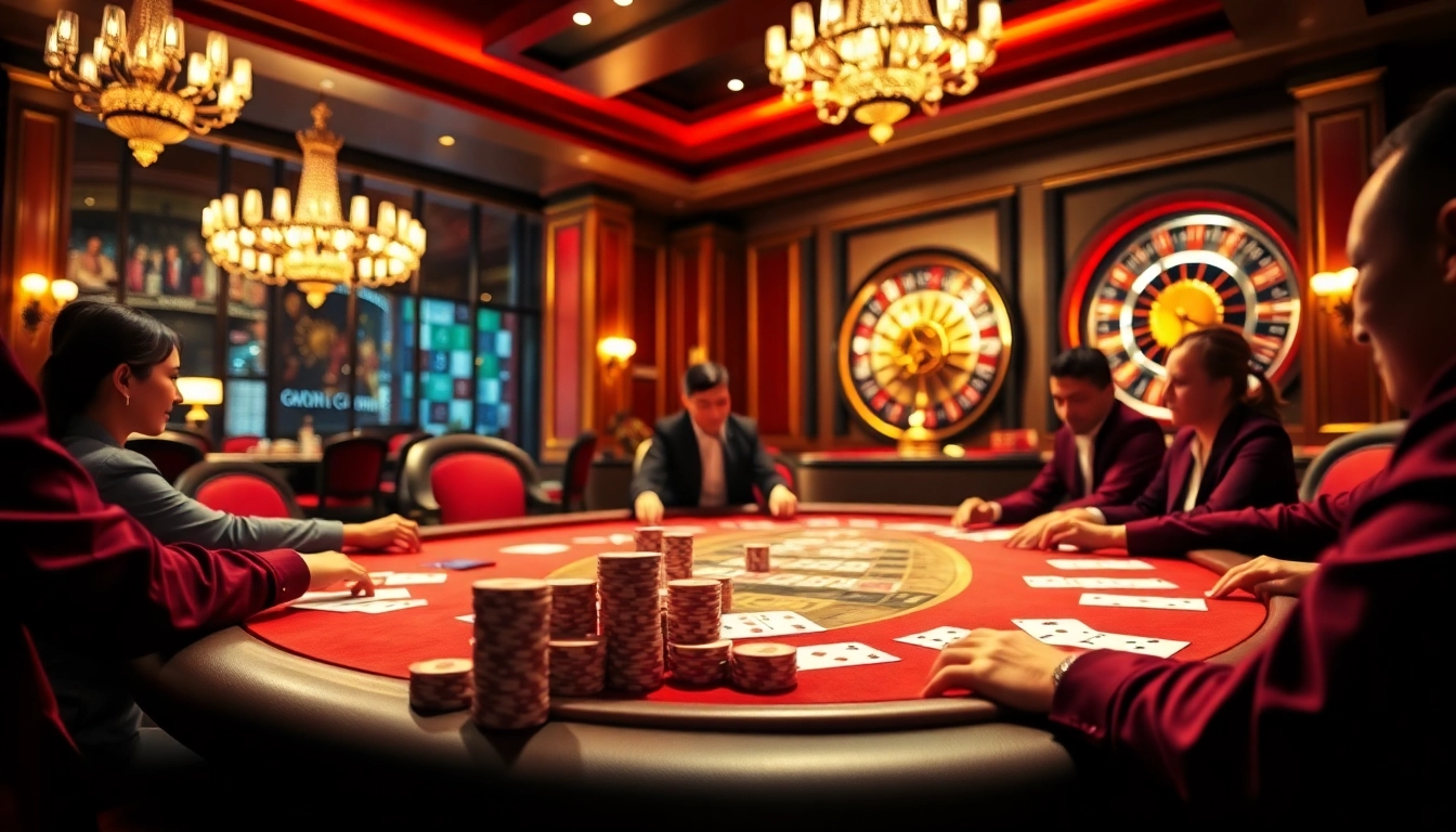 Players enjoying a thrilling game at nhà cái ku88 casino with vibrant poker chips and cards.