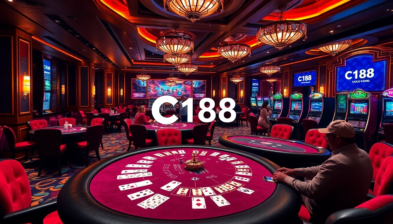 C168 logo featured in a luxurious casino atmosphere with players at poker tables and vibrant gaming elements.