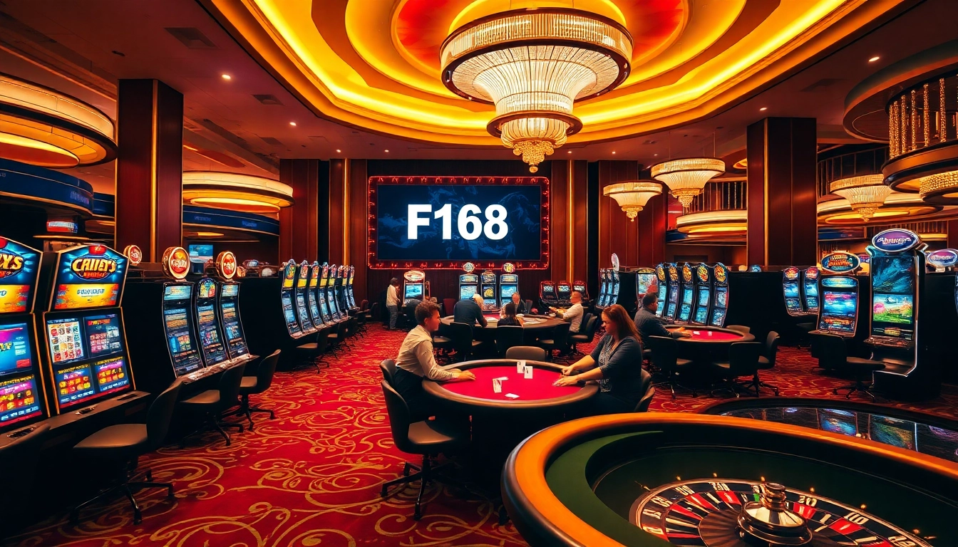 Players strategizing their moves while playing F168 at dazzling casino tables with vibrant lights.
