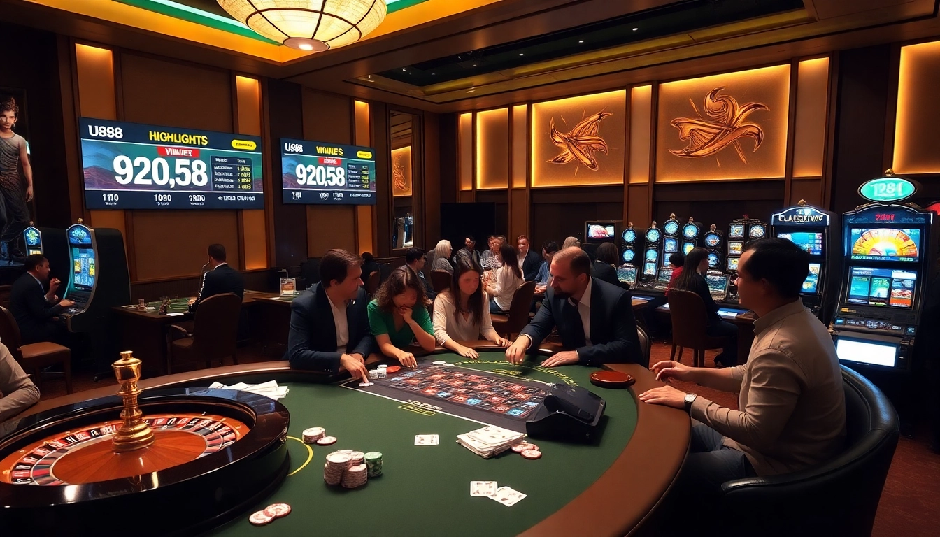 UU88 casino scene showcasing excitement with poker and roulette at luxurious gaming tables.