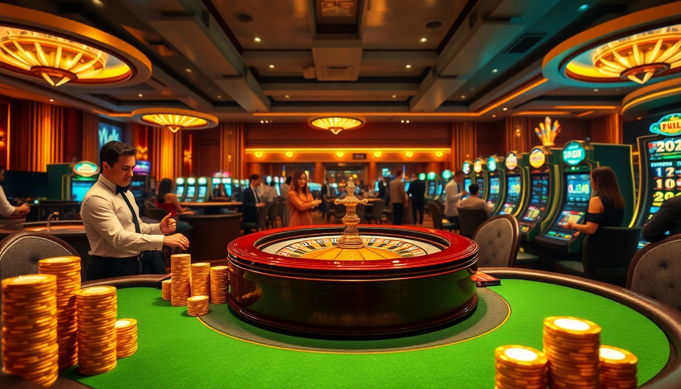 Experience the thrill of gaming at trang chủ 98win with a luxurious casino scene featuring diverse gambling activities.